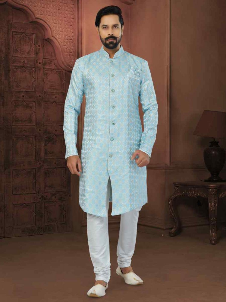 Firozi Banarasi Jacquard Embroidered Wedding Groom Sherwani