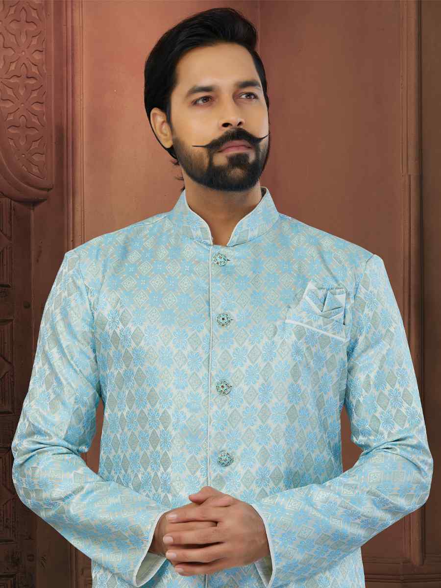 Firozi Banarasi Jacquard Embroidered Wedding Groom Sherwani