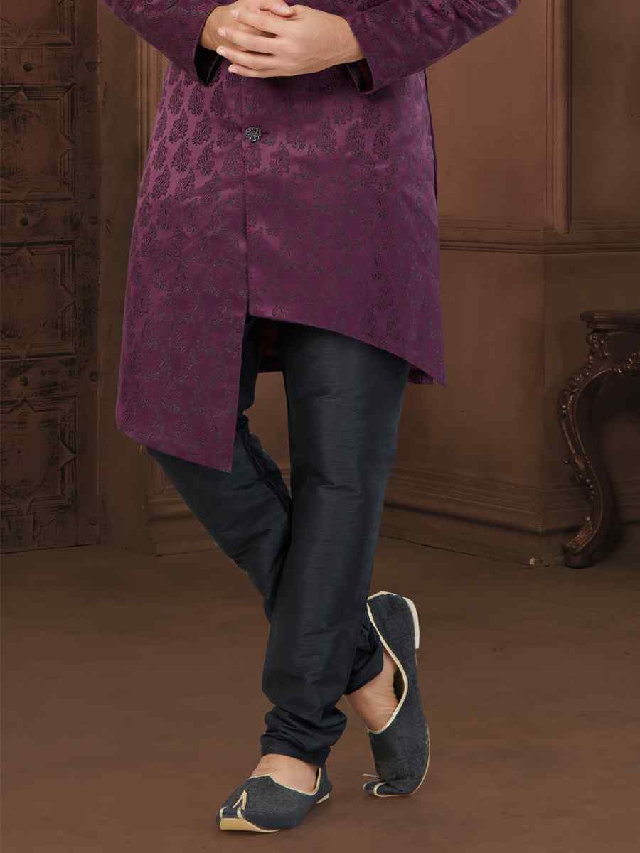Wine Soft Jacquard Embroidered Wedding Groom Sherwani