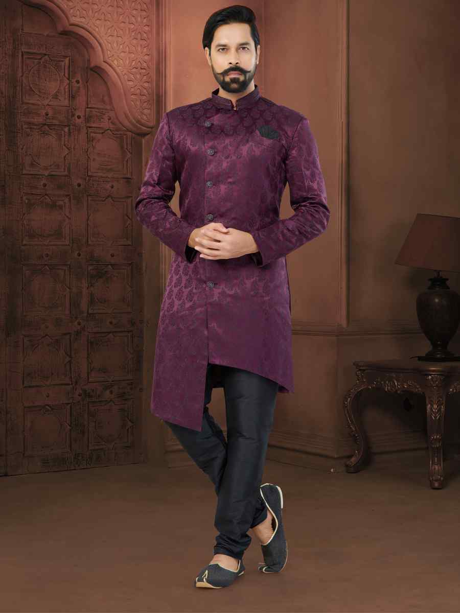 Wine Soft Jacquard Embroidered Wedding Groom Sherwani