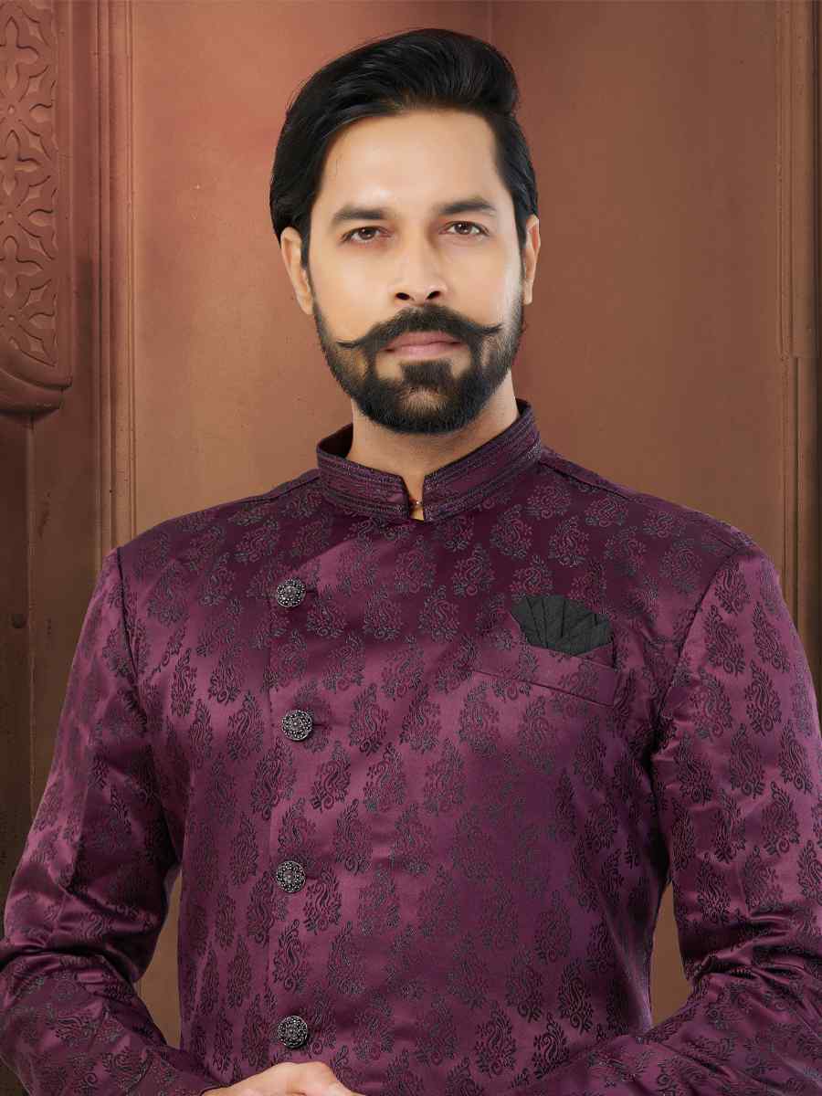 Wine Soft Jacquard Embroidered Wedding Groom Sherwani