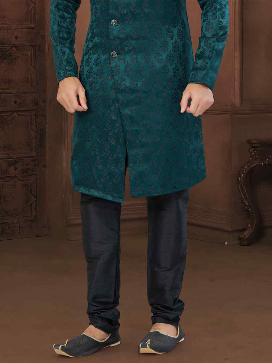Dark Green Imp Soft Jacquard Embroidered Wedding Groom Sherwani