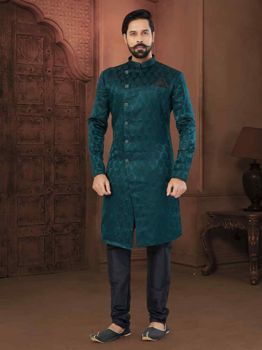 Dark Green Imp Soft Jacquard Embroidered Wedding Groom Sherwani