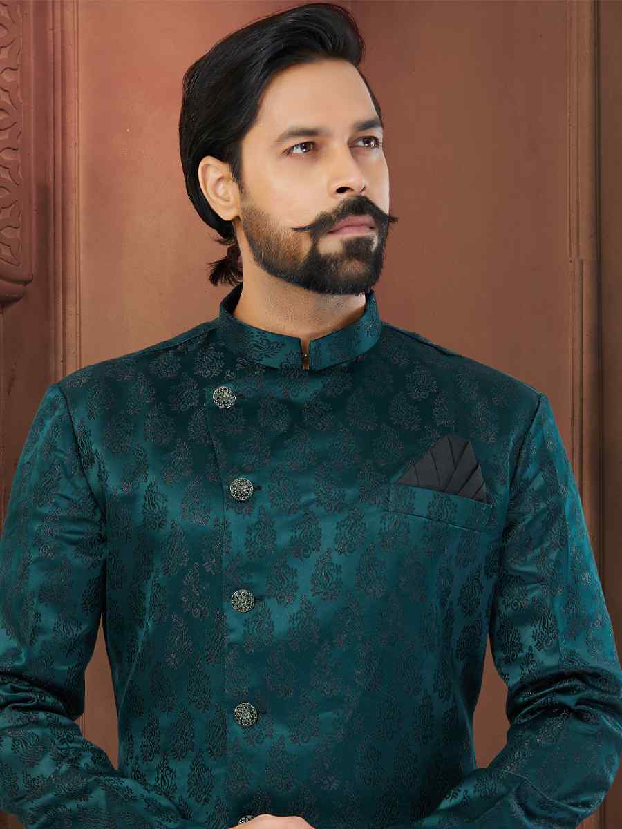 Dark Green Imp Soft Jacquard Embroidered Wedding Groom Sherwani