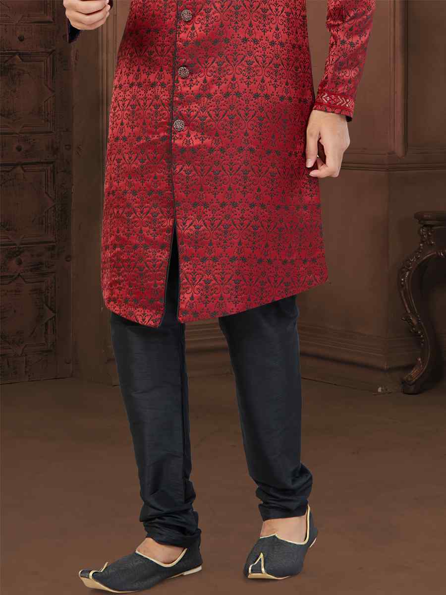 Maroon Soft Jacquard Embroidered Wedding Groom Sherwani