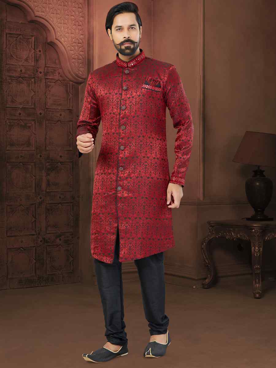 Maroon Soft Jacquard Embroidered Wedding Groom Sherwani