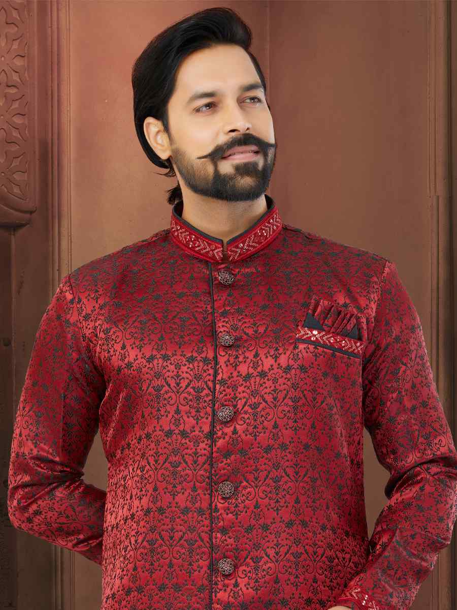Maroon Soft Jacquard Embroidered Wedding Groom Sherwani