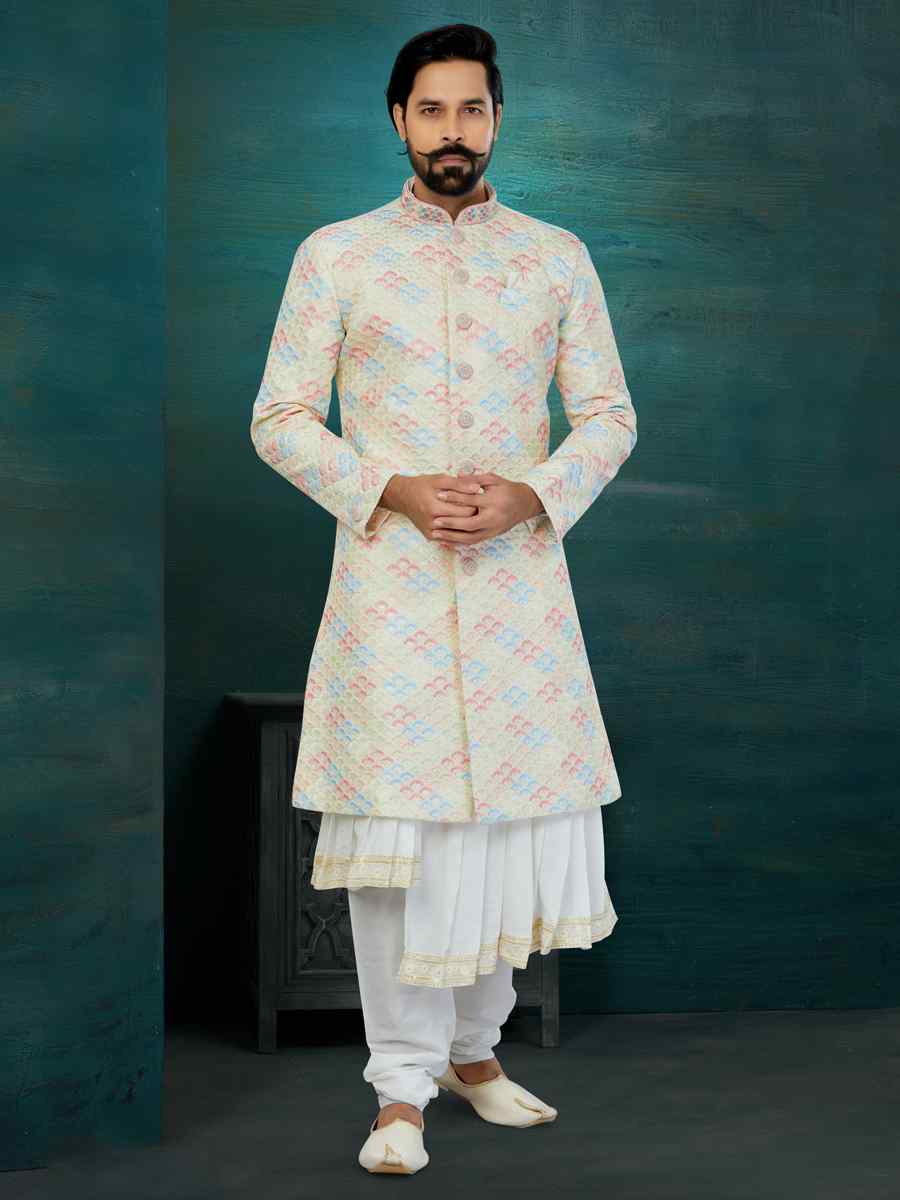 Golden Chikankari Lucknawi Embroidered Wedding Groom Sherwani