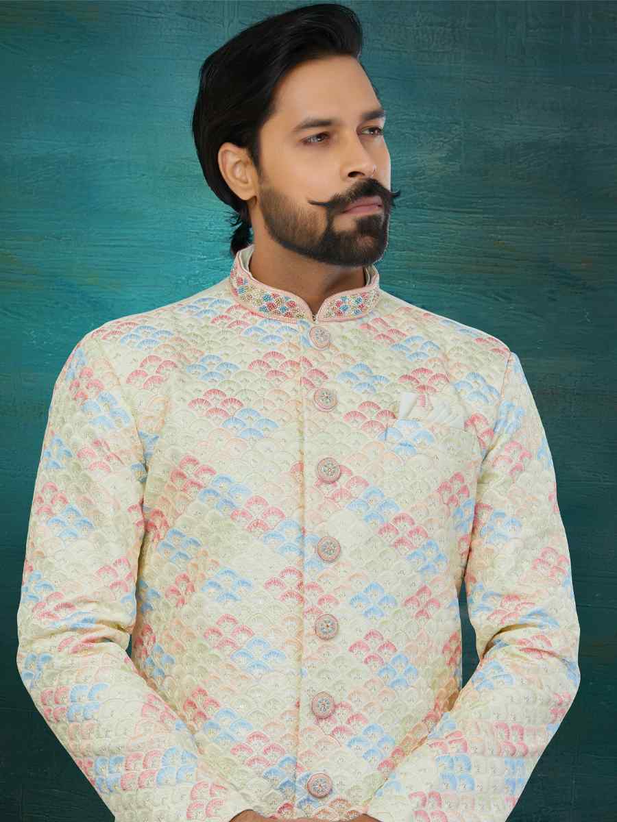 Golden Chikankari Lucknawi Embroidered Wedding Groom Sherwani
