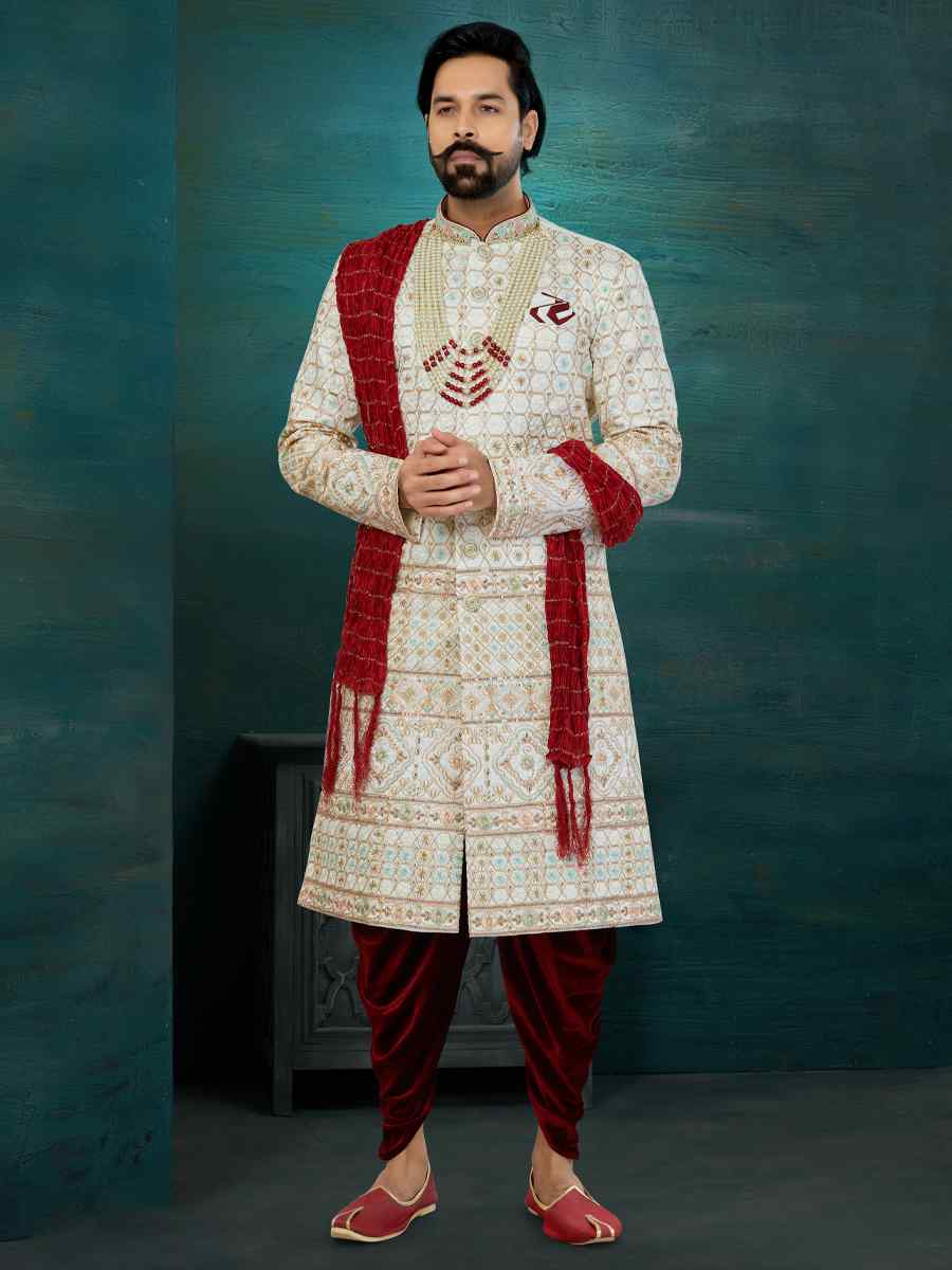 Cream Chikankari Lucknawi Embroidered Wedding Groom Sherwani