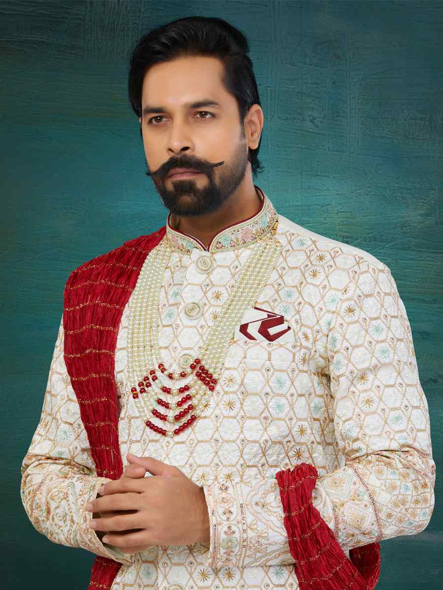 Cream Chikankari Lucknawi Embroidered Wedding Groom Sherwani