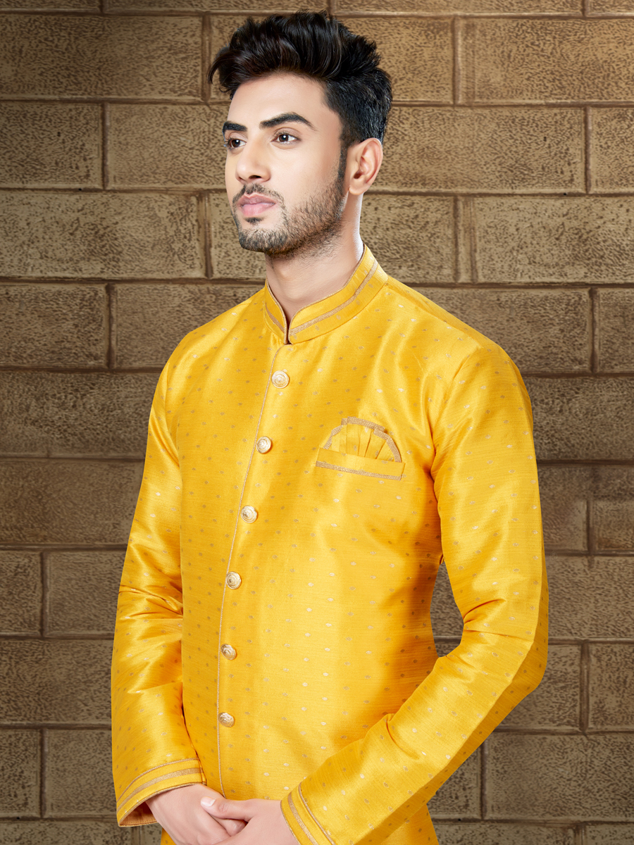 Saffron Yellow Silk Embroidered Party Indowestern Sherwani