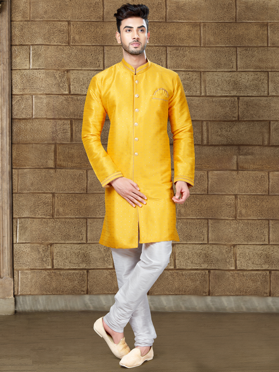 Saffron Yellow Silk Embroidered Party Indowestern Sherwani