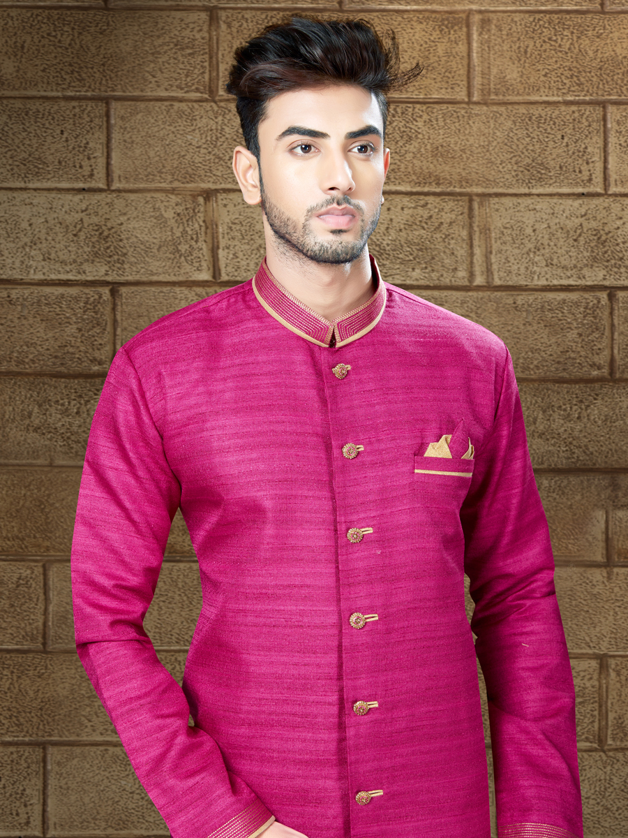 Deep Fuchsia Pink Silk Embroidered Party Indowestern Sherwani