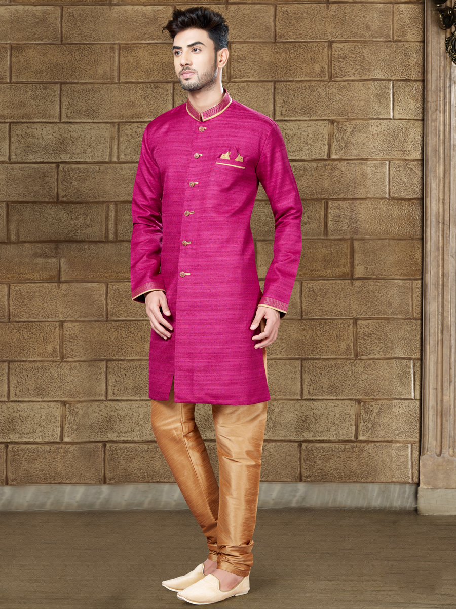 Deep Fuchsia Pink Silk Embroidered Party Indowestern Sherwani