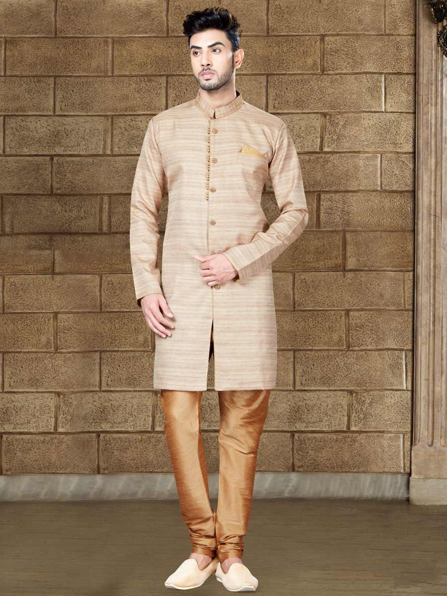 Papaya Whip Yellow Silk Embroidered Party Indowestern Sherwani