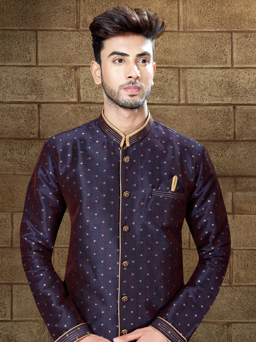 Navy Blue Silk Embroidered Party Indowestern Sherwani