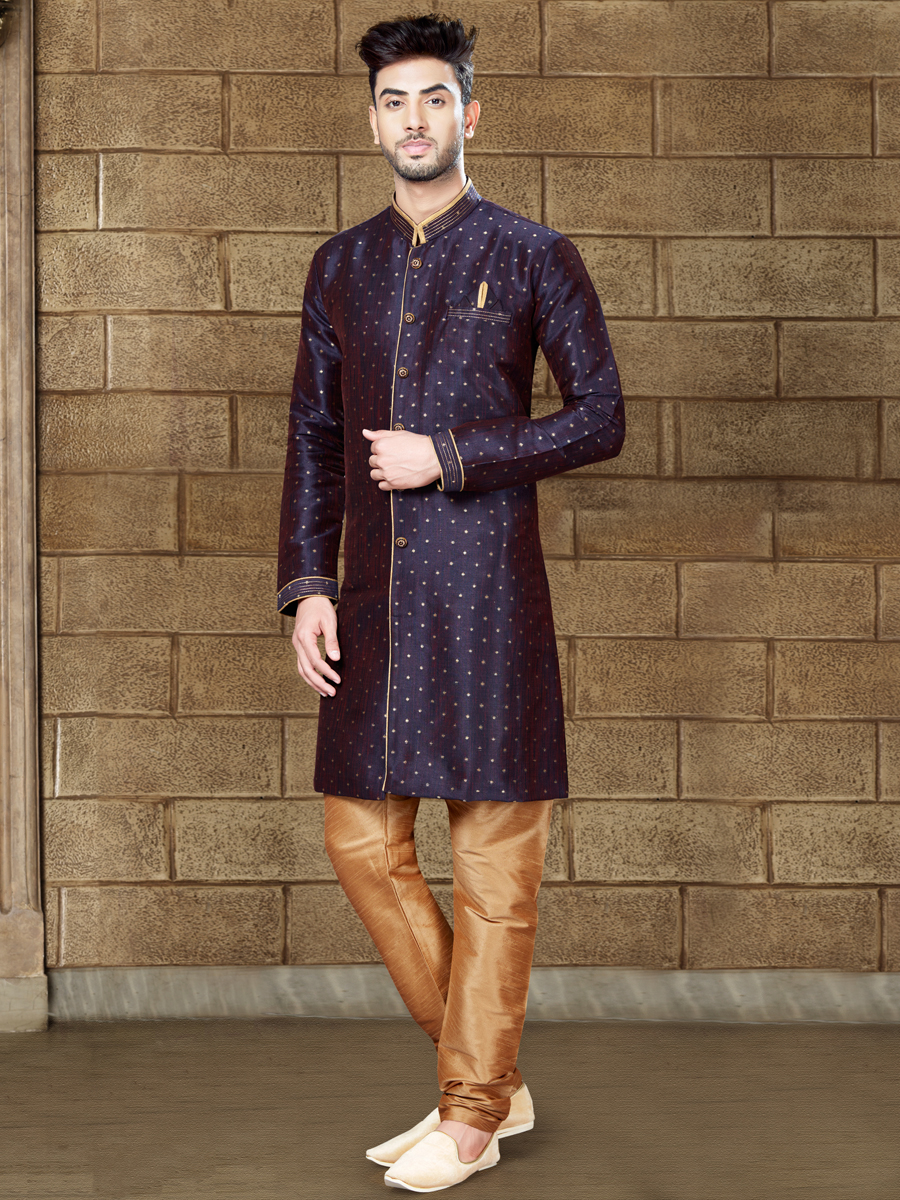 Navy Blue Silk Embroidered Party Indowestern Sherwani
