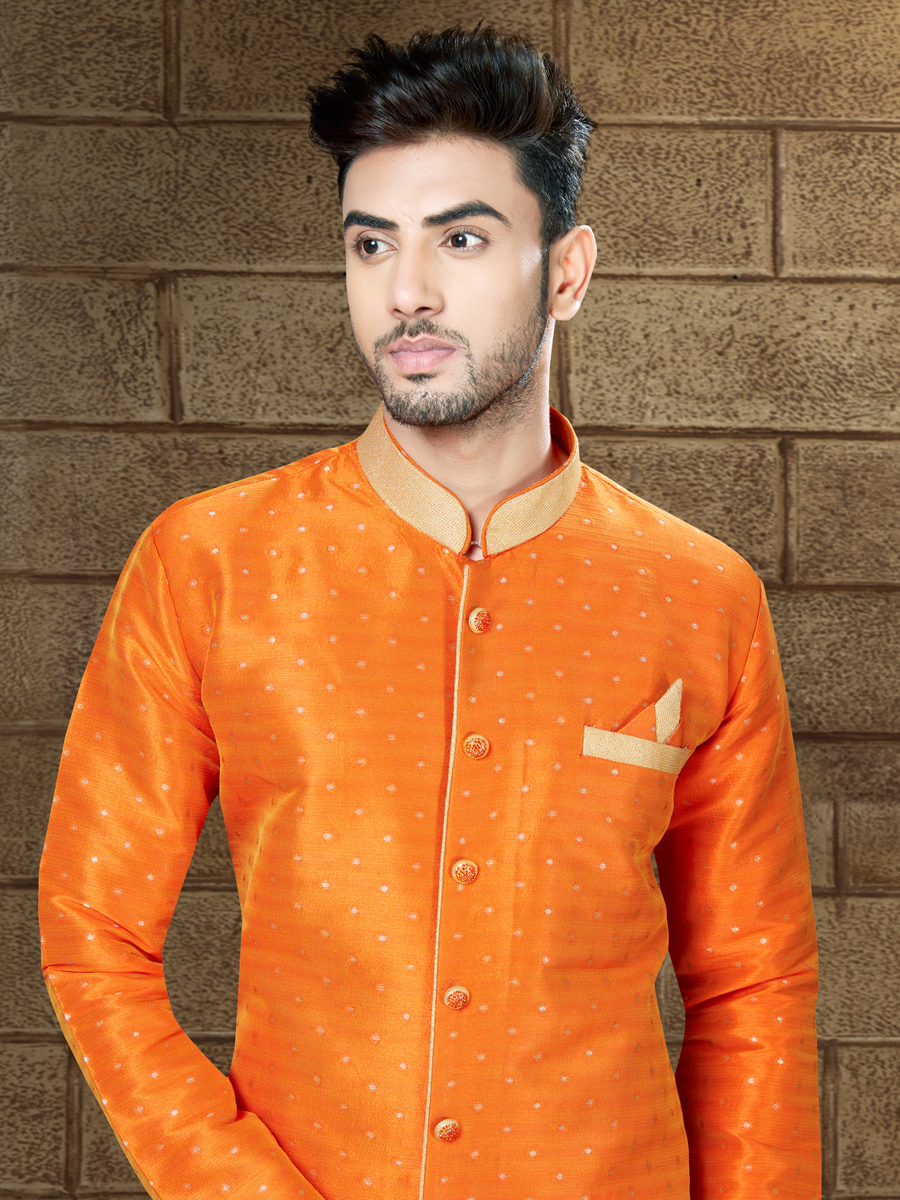 Pumpkin Orange Silk Embroidered Party Indowestern Sherwani