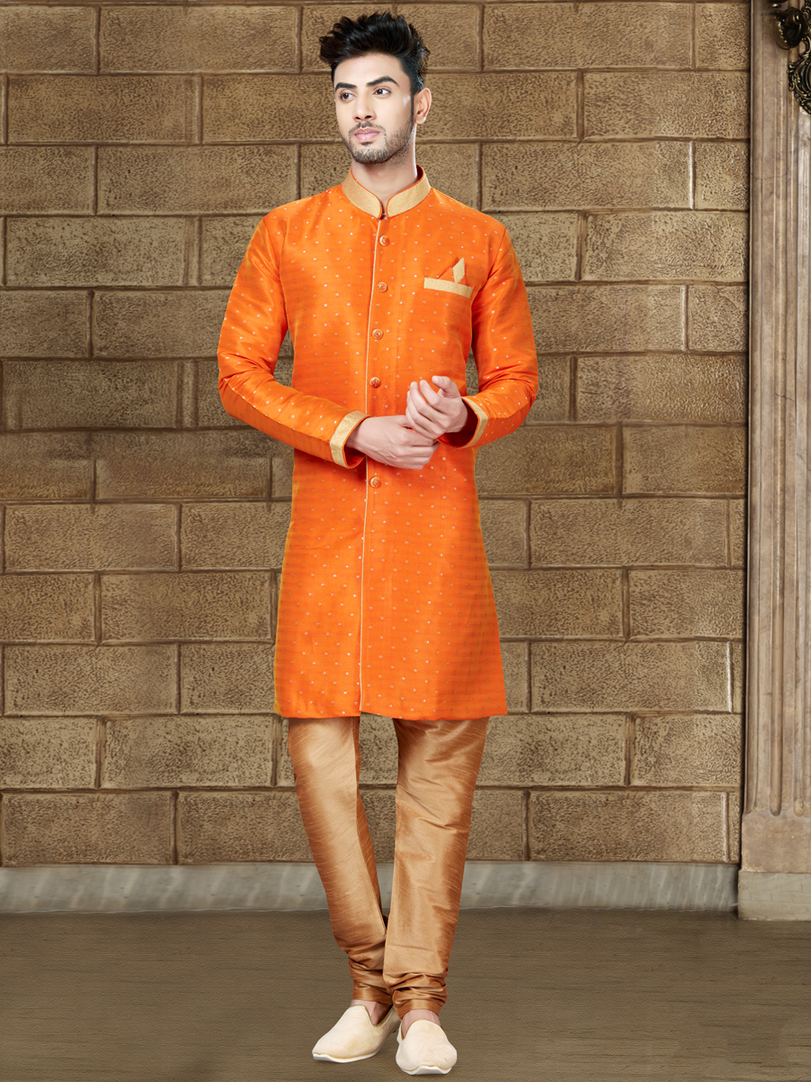 Pumpkin Orange Silk Embroidered Party Indowestern Sherwani