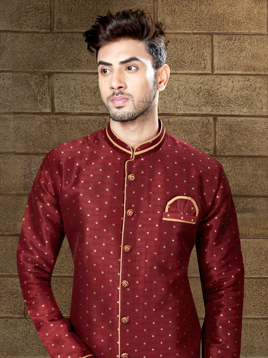Maroon Silk Embroidered Party Indowestern Sherwani