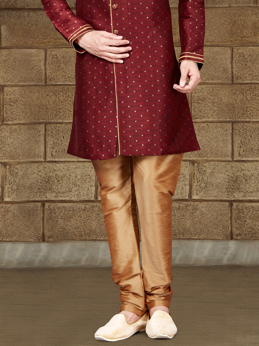 Maroon Silk Embroidered Party Indowestern Sherwani