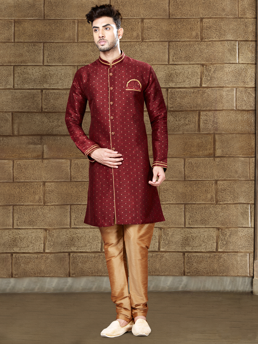 Maroon Silk Embroidered Party Indowestern Sherwani