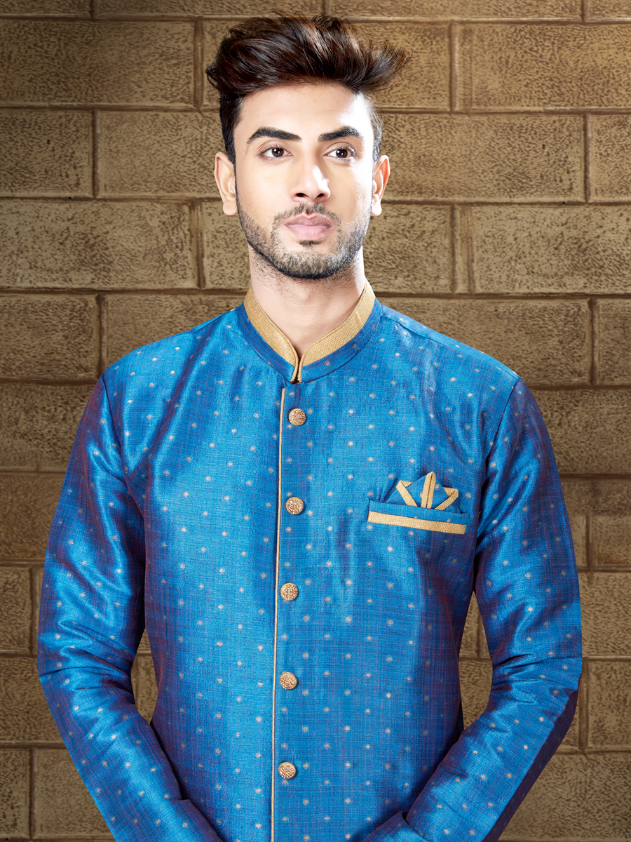 Denim Blue Silk Embroidered Party Indowestern Sherwani