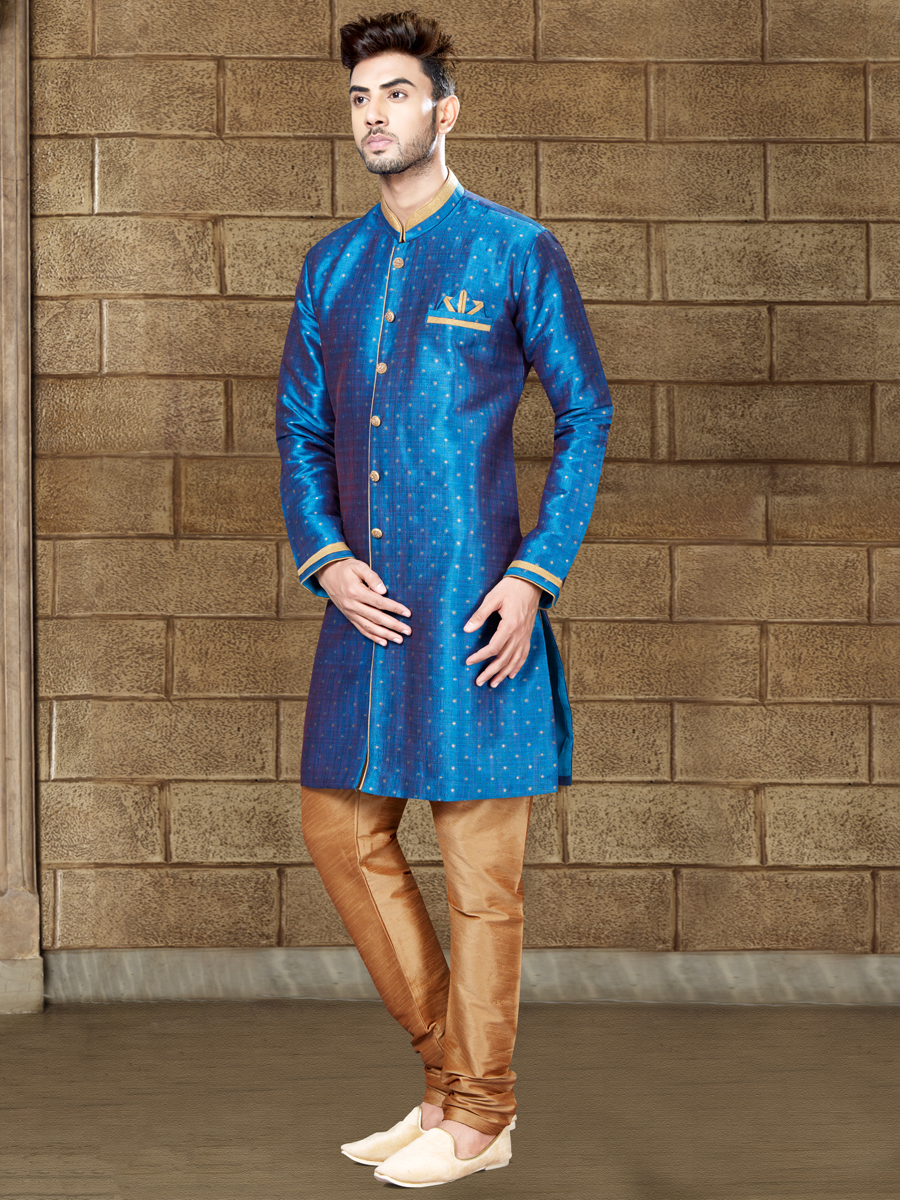Denim Blue Silk Embroidered Party Indowestern Sherwani