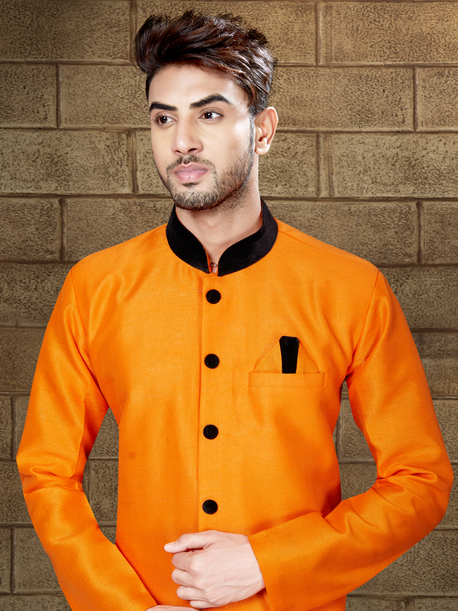 Amber Yellow Silk Embroidered Party Indowestern Sherwani