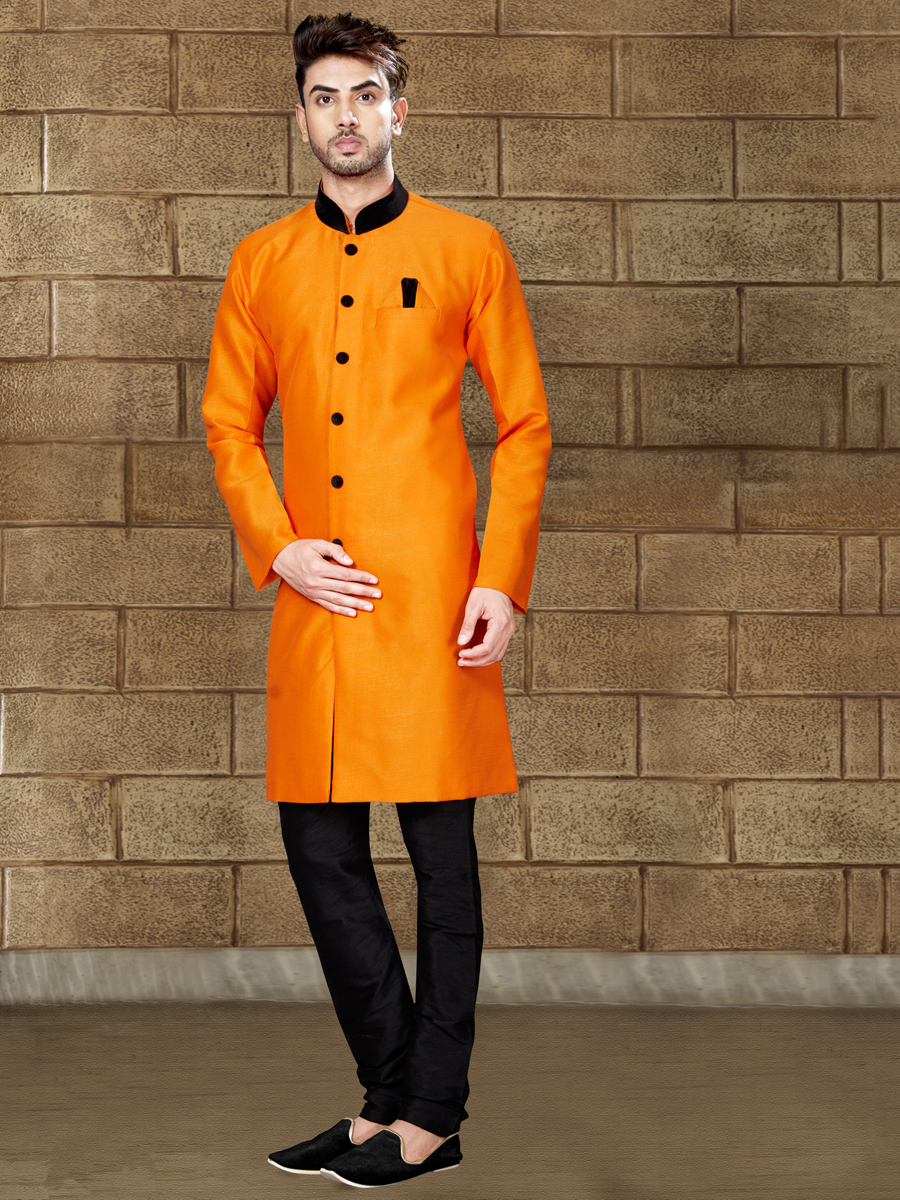 Amber Yellow Silk Embroidered Party Indowestern Sherwani