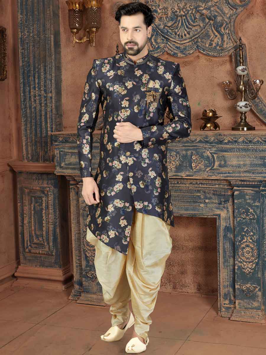 Navy Blue Silk Printed Party Sherwani