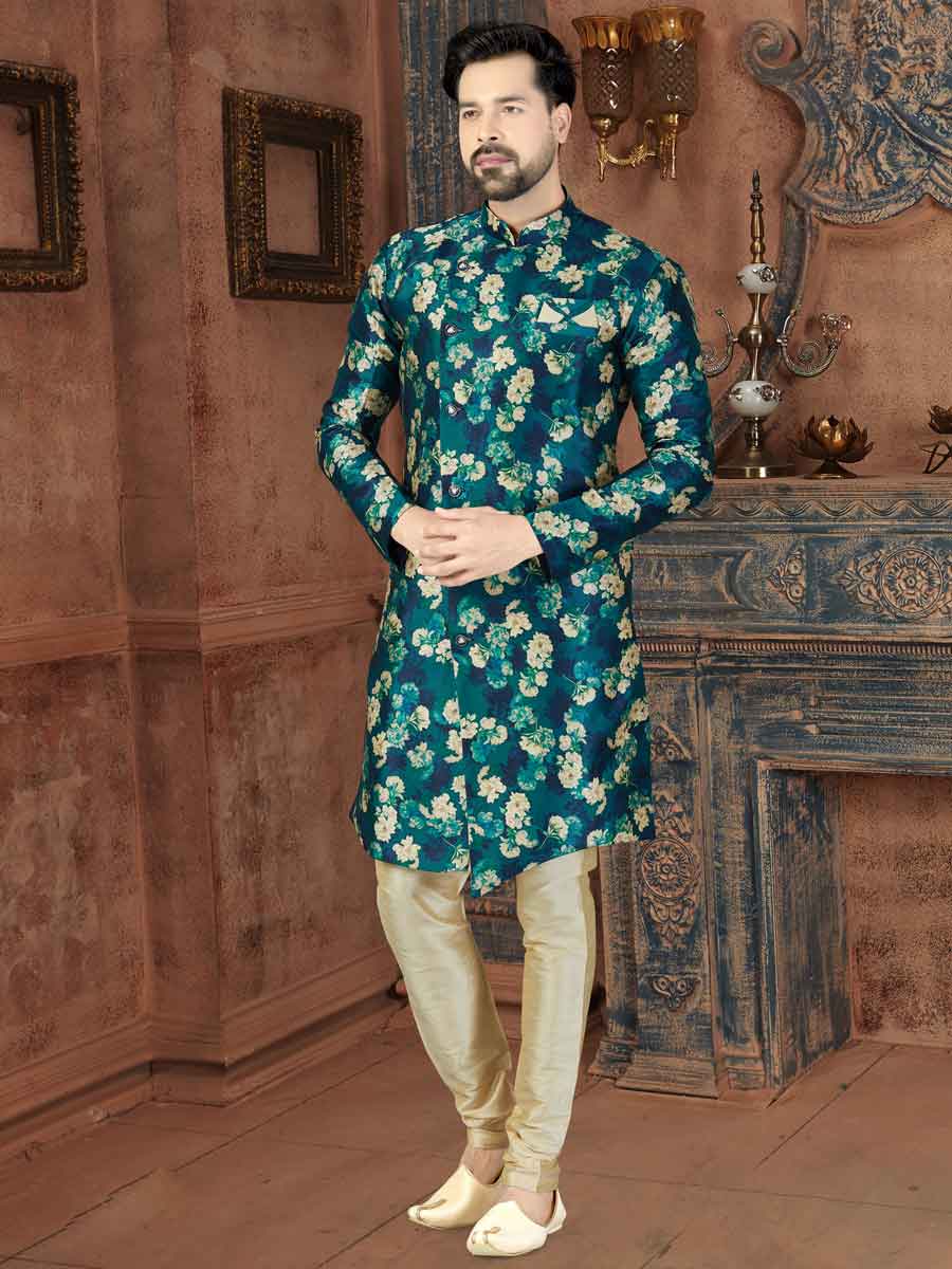 Pine Green Silk Printed Party Sherwani