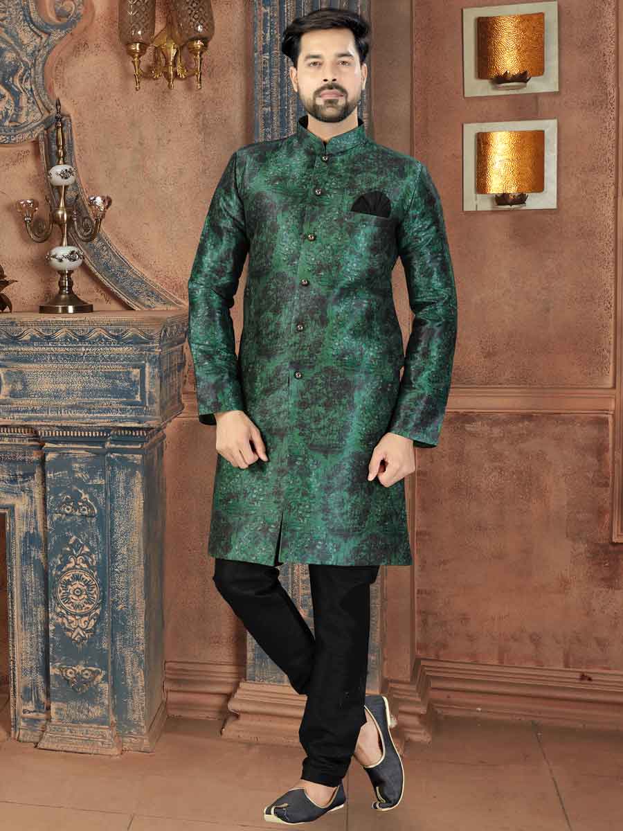 Hunter Green Silk Printed Party Sherwani