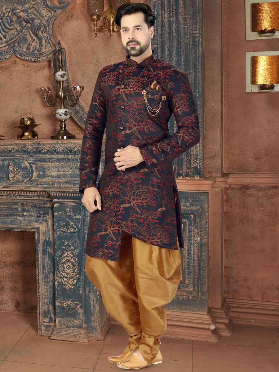 Navy Blue and Maroon Jacquard Printed Party Sherwani