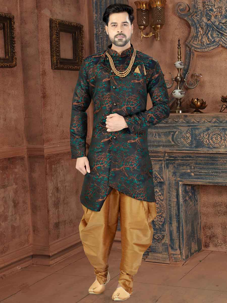 Navy Blue and Turquoise Blue Jacquard Printed Party Sherwani