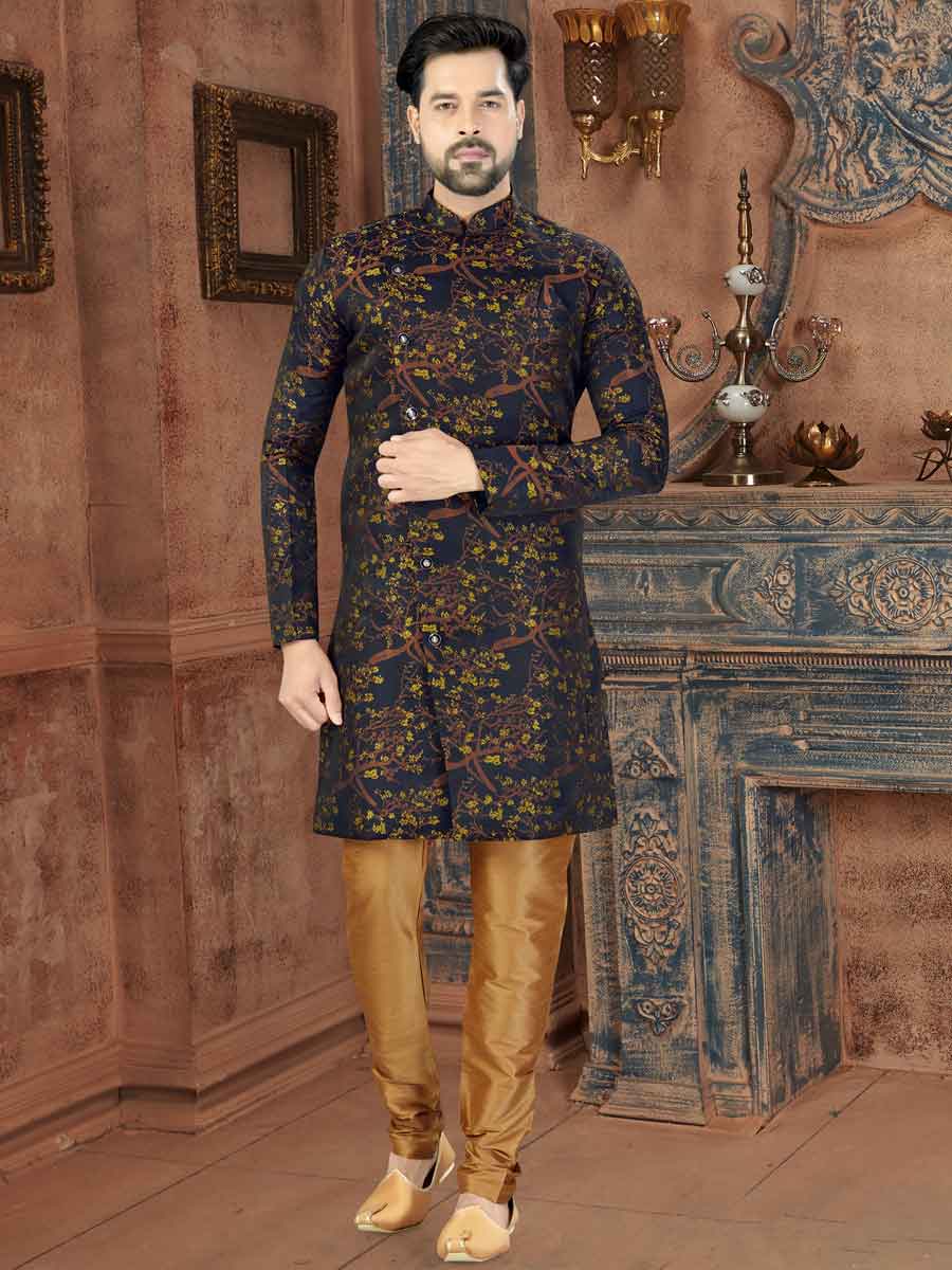 Navy Blue and Maize Yellow Jacquard Printed Party Sherwani