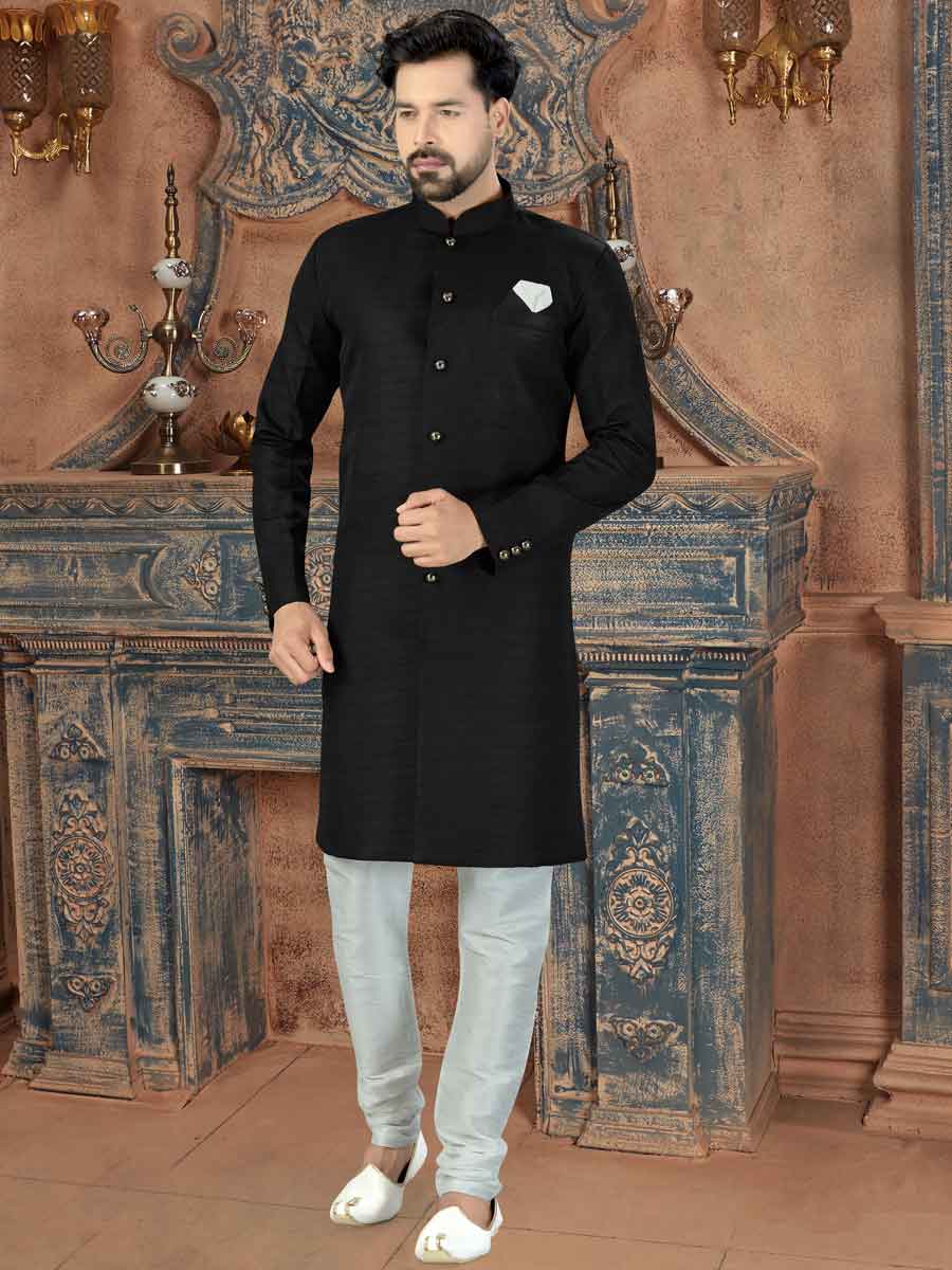 Black Silk Plain Party Sherwani