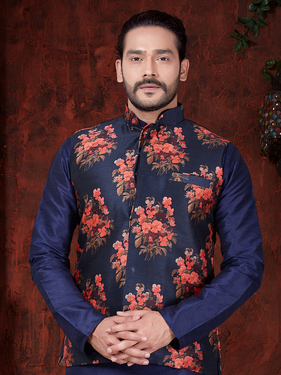 Navy Blue Art Dupion Silk Plain Festival Kurta with Waistcoat