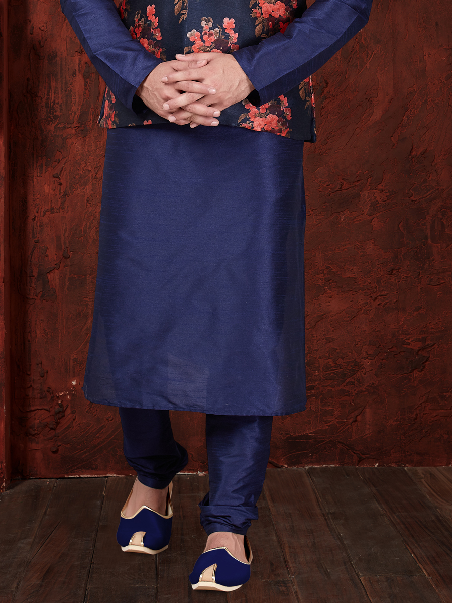 Navy Blue Art Dupion Silk Plain Festival Kurta with Waistcoat