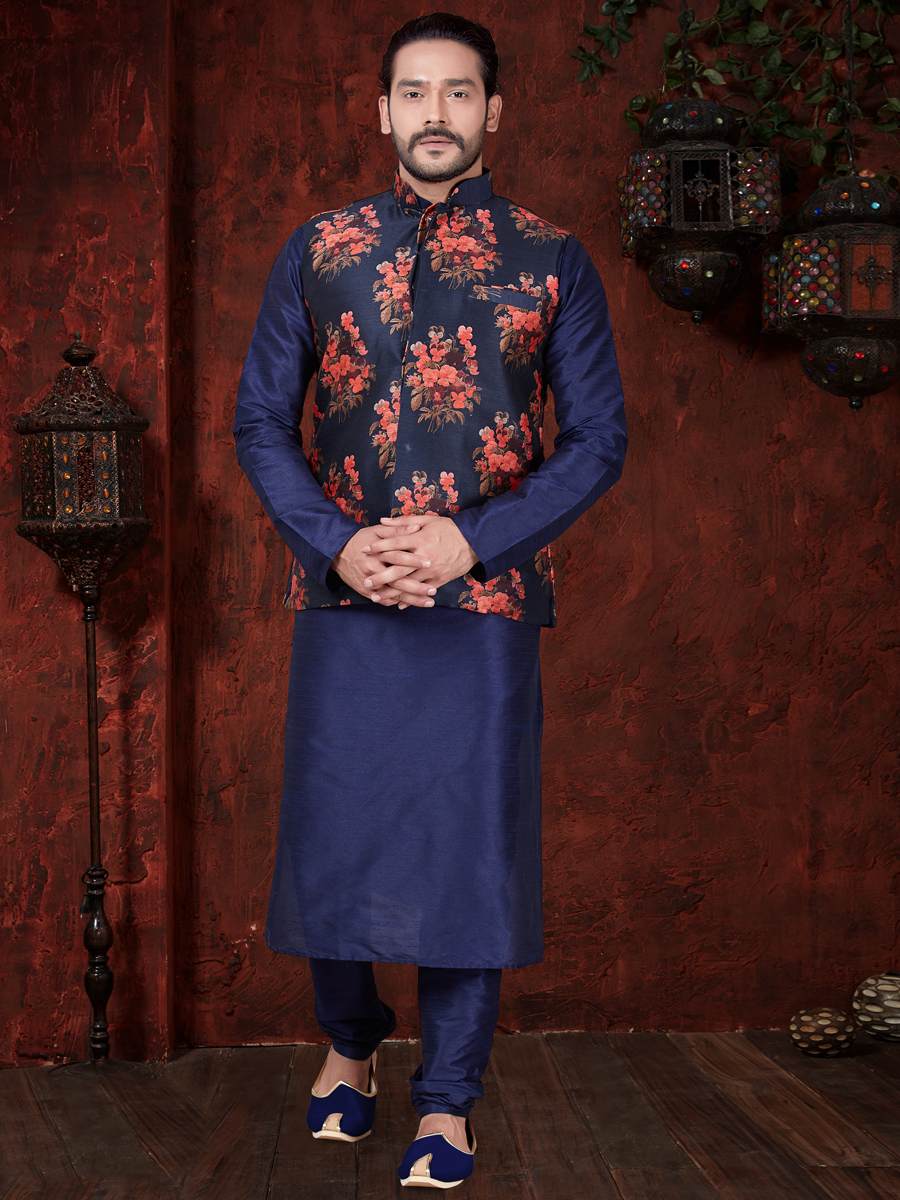 Navy Blue Art Dupion Silk Plain Festival Kurta with Waistcoat