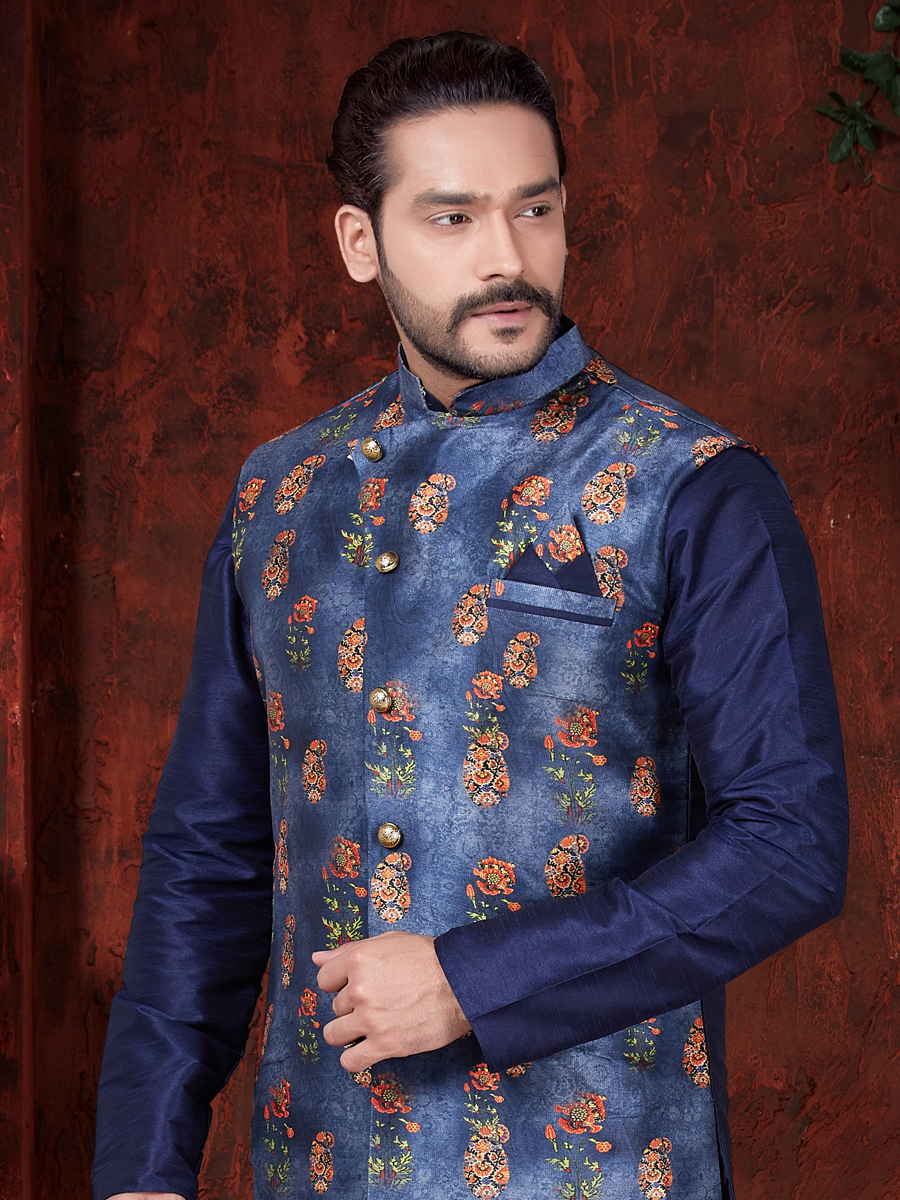 Dark Blue Art Dupion Silk Plain Festival Kurta with Waistcoat