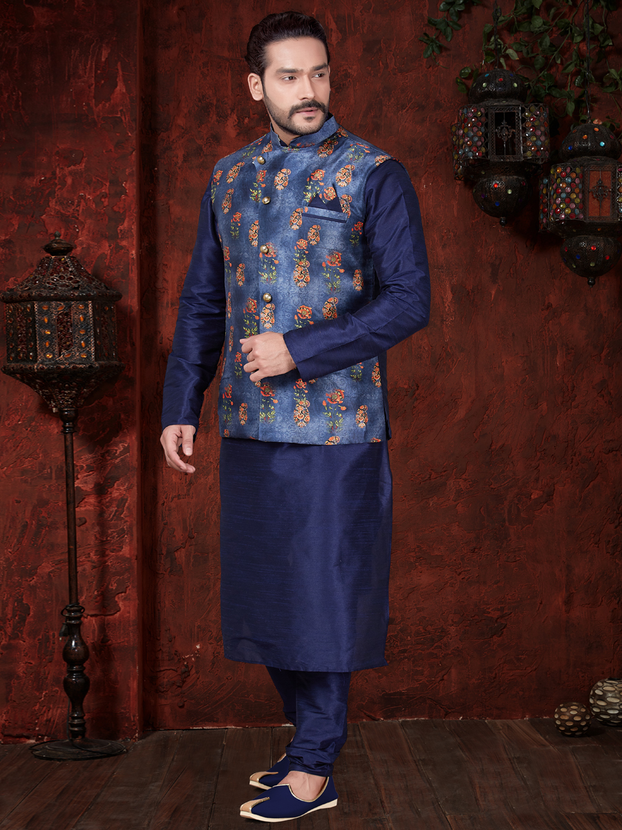 Dark Blue Art Dupion Silk Plain Festival Kurta with Waistcoat