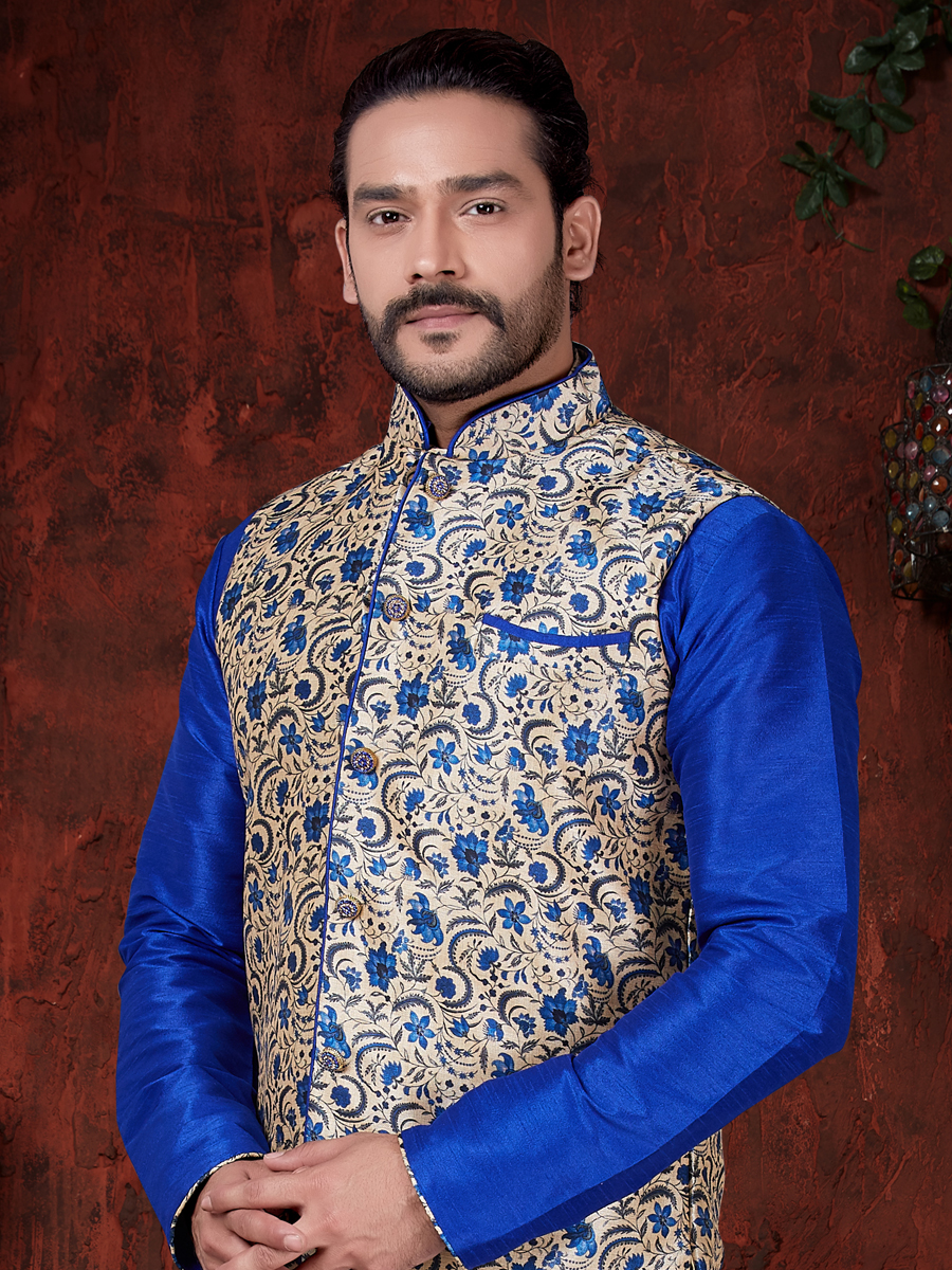 Persian Blue Art Dupion Silk Plain Festival Kurta with Waistcoat