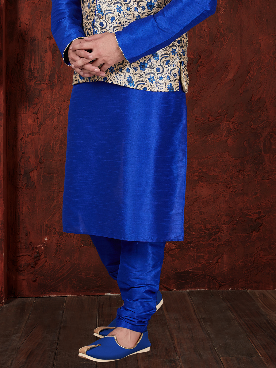 Persian Blue Art Dupion Silk Plain Festival Kurta with Waistcoat