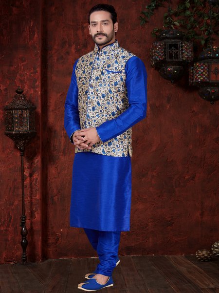 Persian Blue Art Dupion Silk Plain Festival Kurta with Waistcoat