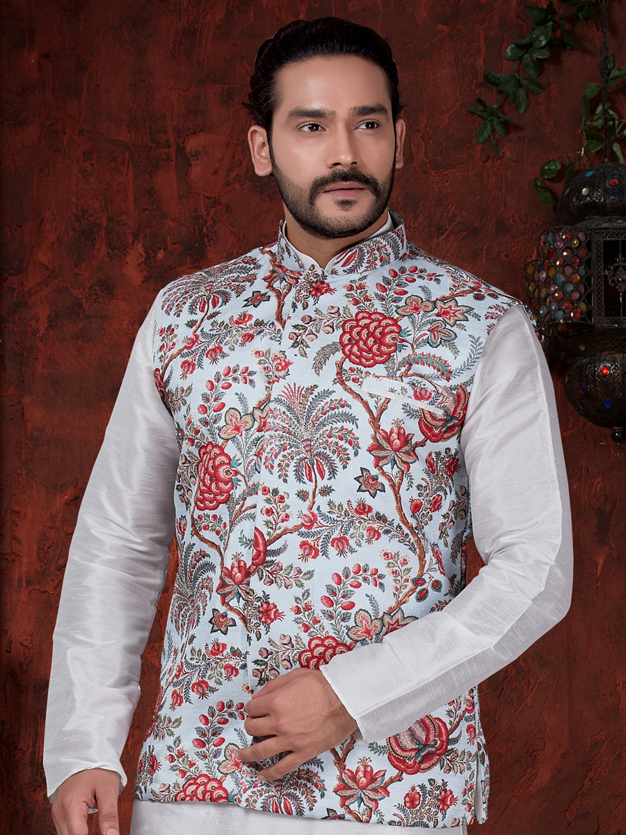 Off White Art Dupion Silk Plain Festival Kurta with Waistcoat