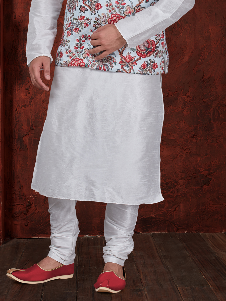 Off White Art Dupion Silk Plain Festival Kurta with Waistcoat