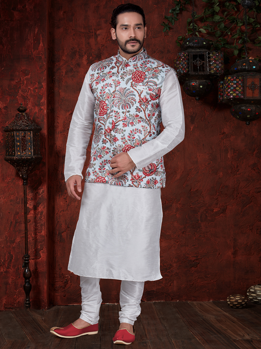 Off White Art Dupion Silk Plain Festival Kurta with Waistcoat