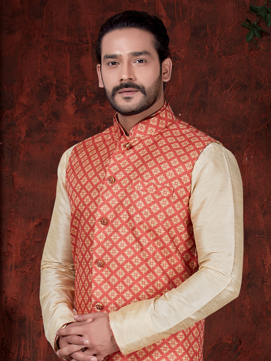 Cream Yellow And Vermilion Red Art Dupion Silk Plain Festival Kurta with Waistcoat